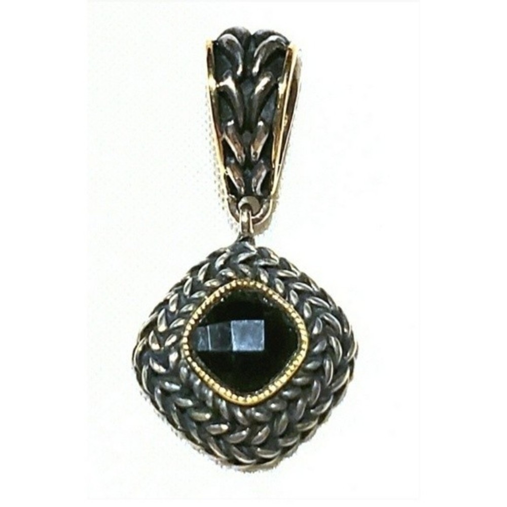 18K Gold Onyx Square Drop Pendant Cushion Cut on 925 Sterling Silver